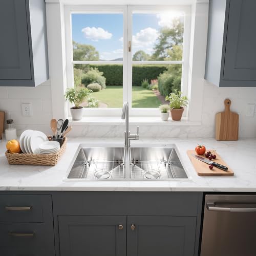 PHS 33 Inch Drop In Double Bowl Kitchen Sink 50/50-16 Gauge Stainless Steel Overmount Kitchen Sink 33x22 with Accessories, 9 Inch Deep Sinks with Brushed Finish by PHS - Used condition - Image 9
