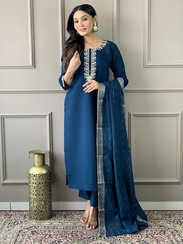 Image of Women's Viscose Chanderi Solid 3 /4 Sleeve Round Neck Embroidered Kurta, Pant and Dupatta-Petrol-JT-058