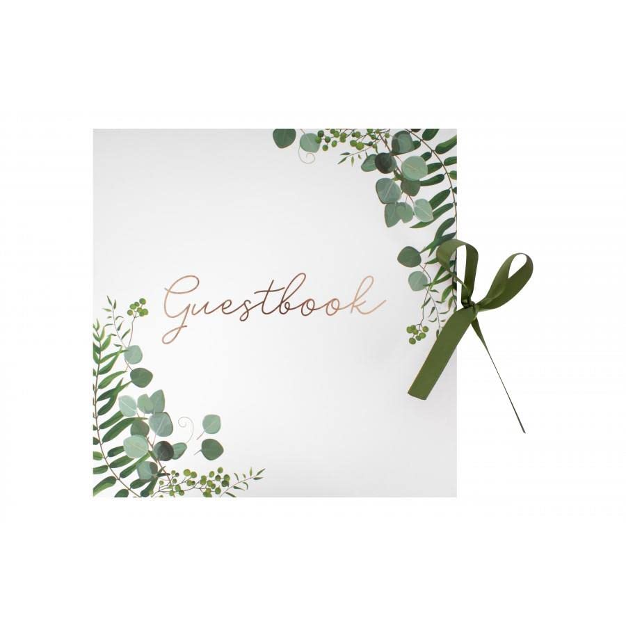 YöL Wedding Guestbook Green Gold Metallic Eucalyptus Floral Print With Satin Ribbon Tie
