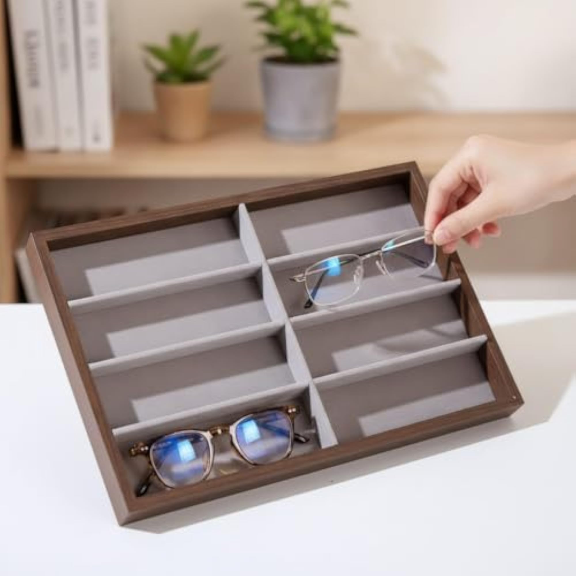 Wood-Look Eyeglasses Display Tray with Multiple Compartments