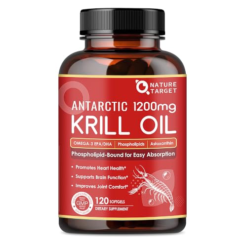 NATURE TARGET Krill Oil 1200mg with Astaxanthin, 120 Softgels | Omega 3 EPA and DHA with Phospholipids and Choline, Supports Heart, Brain, and Joint Health, Non-GMO and Gluten Free