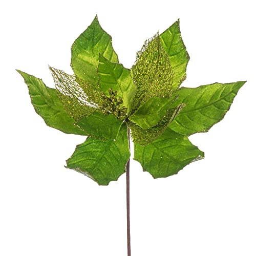 Vickerman 11" Lime Velvet and Glitter Mesh Poinsettia Flower on Stem, 6 per Bag.