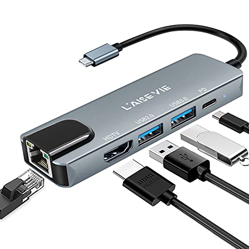 USB C Hub, 5 in 1 USB C 4K@32Hz HDMI Adapter with Ethernet Port, 100W Power Delivery PD Type C Charging Port, USB 3.0& 2.0 Adapter Compatible for MacBook Pro, Chromebook, XPS, and Devices by l'aise vie - Used condition - US$11.93