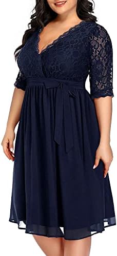 Plus Size Cocktail Dresses Women Navy Blue Lace Top Chiffon Wedding Guest Semi-Formal Party Evening Wrap V Neck Dress