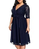 Plus Size Cocktail Dresses Women Navy Blue Lace Top Chiffon Wedding Guest Semi-Formal Party Evening