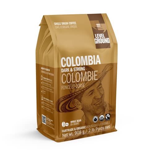 Level Ground Coffee - Colombia Single Origin - Dark Roast, Whole Bean Coffee - Fair Trade, Organic, 1% For the Planet, Kosher - Specialty Coffee - Great in a Drip Brew, French Press, Pour Over - Tastes Bold, Rich, Intense - 2lb