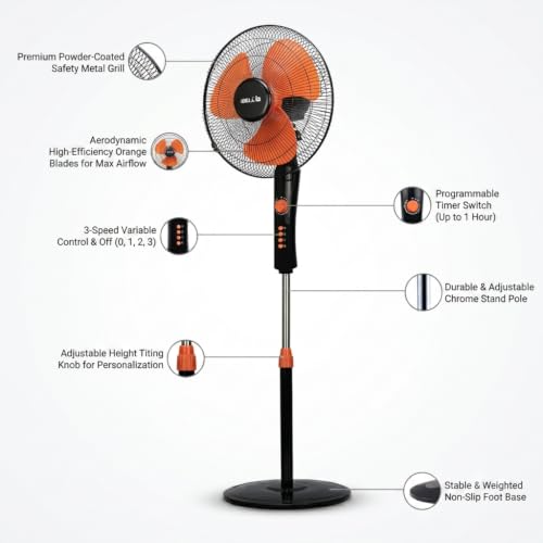 Image of IBELL Zephyr03 Pedestal Fan, 400mm (16 Inch), High-Speed 3-Blade Motor, Built-in Timer, Adjustable Height, Powerful Air Delivery, 2-Year Warranty, Orange