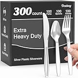 Dealusy 300 Count Extra Heavy Duty Silver Plastic Silverware, 100 Forks, 100 Spoons, 100 Knives, BPA-Free, Heat Resistant, Disposable Plastic Utensils Set, Plastic Cutlery Set, Plasticware Bulk