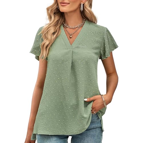 Tanmolo Bluse Damen Kurze Ärmel mit V-Ausschnitt Elegant Oberteile Casual Swiss Dot Tops Tunika Hellgrün, XL., 8.99 €