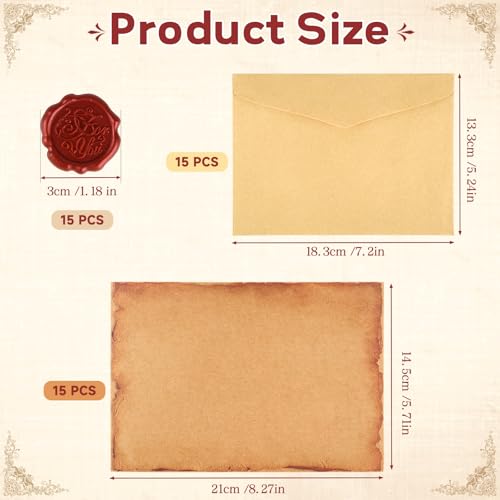 Dewdropdale 15 Stück A5 Briefpapier mit Umschlag Set, Vintage Liebesbrief Papier mit 15 Wachssiegel Selbstklebend, Schreiben Alt, Briefpapier Edel für Liebesbrief, Hochzeits Einladung Grußkarten