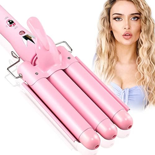 3 Barrel Curling Iron Wand Dual Voltage Hair Crimper - Triple Barrels Temperature Adjustable Button Hair Waver Heats Up Quickly (1 Inch, Light Pink)