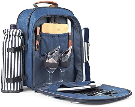 Sunflora Insulated Picnic Backpack for 2 Person Bag with Cooler Compartment, Wine pouch, Blanket and Stainless Steel Cutlery Set for Couple, Lovers and Friends (Blue & Stripe)