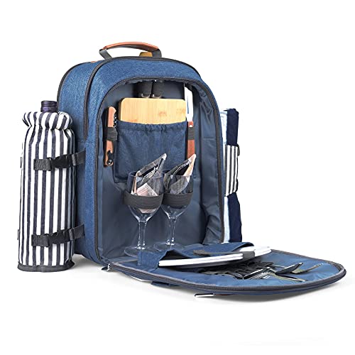 Sunflora Insulated Picnic Backpack For 2 Person Bag With Cooler Compartment, Blanket And Stainless Steel Cutlery Set For Couple, Lovers And Friends (Blue & Stripe) #TOP2