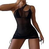Womens One Shoulder Sexy Sheer Mesh Beach Swimdress Skinny Spaghetti Stap Cami Dress Swimwerar Cover...