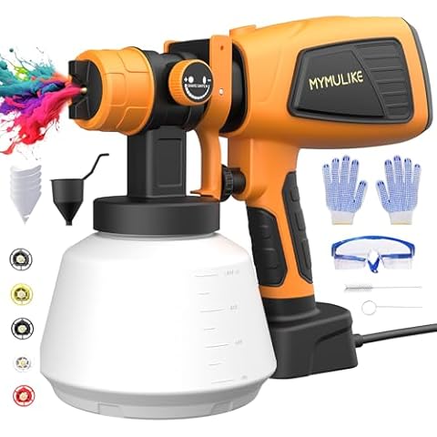 MYMULIKE Paint Sprayer, 700W Power Electric Spray Paint Gun 1000ml Capacity Container & Blowing Joints, 5 Nozzles and 3 Patterns for House Home Furniture Cabinets Fence Door Chairs Yellow Cover