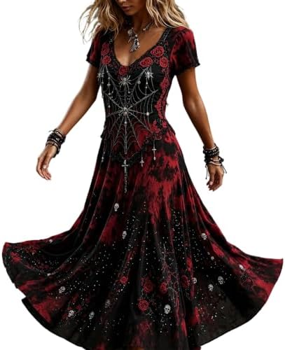 Halloween Kostüm Damen Gruselig Blutige Horror Elegant Brautkleid Kurzarm | Aufdruck Kleid mit Blutigem Print, Mittelalter, Cocktailkleid, Party Karneval Kleider,Vampir Skeleton Ro