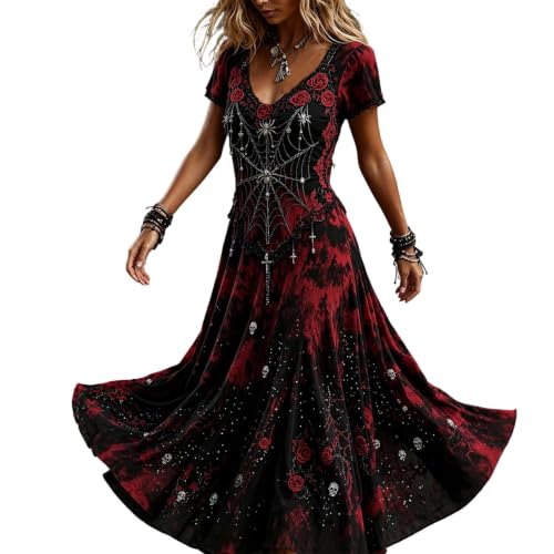 Image of Halloween Dresses for Women UK Ladies Gothic Dress Skeleton Print Costume