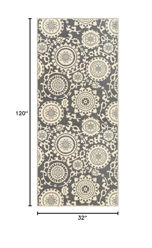 Rubber Backed 2'8" x 10' Floral Swirl Medallion Grey & Ivory Long Runner Non-Slip Rug - Rana Collection Kitchen Dining Living Hallway Bathroom Pet Entry Rugs RAN2033-310