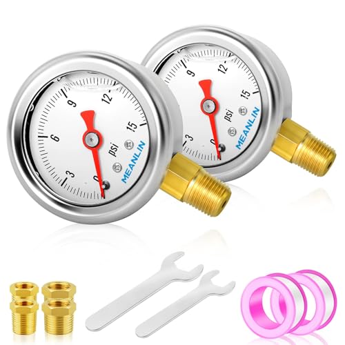 MEANLIN MEASURE 2pcs 0~15Psi Stainless Steel Liquid Filled, 1/8" NPT 1.5" Glycerin Filled Pressure Gauge, Water Oil Air, Lower Mount, with 1/4" NPT and 3/8" NPT Hex Bushing