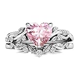 LELOUCHY 10K 14K 18K Gold Heart Pink Tourmaline Engagement Ring Set for Women Leaf Art Deco Ring Set Heart Cut Vintage Vine Pink Tourmaline Bridal Wedding Promise Ring Set Size4~15