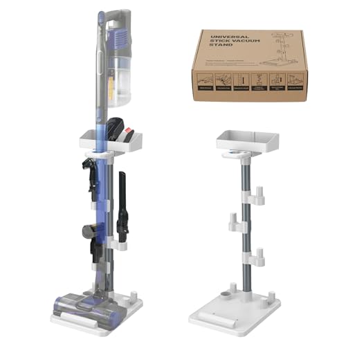 Cordless Vacuum Stand for Stick Vacuum Cleaners, Adjustable Height with 7 Tool Holder and Storage Box, Max 1-4/5 Inch Universal Vac Wand, White