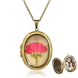 Rose Pressed Flower Necklace, Handmade Oval Shaped Photo Locket Necklace, June Birth Flower Necklace for Women, Personalized Vintage Picture Locket Necklace,Valentine's Day Gift,Ideal Presents for You