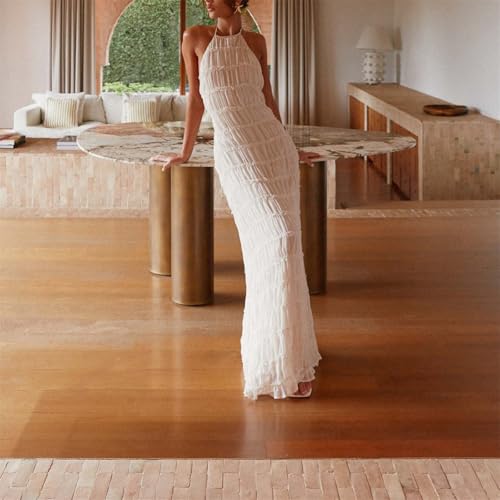 Image of Women Halter Ruched Maxi Dress Backless Sleeveless Long Dress Bodycon See Througn Pleated Sundress Beachwear