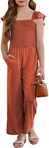 blibean Girl Summer Romper Tween Kid Short Sleeve Jumpsuit Sleeveless Outfit Solid Overalls Jumpers Straps Clothes Size 6-7 Years Medium Red