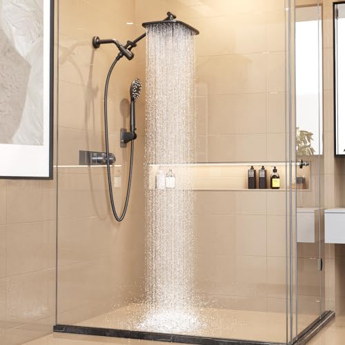 Veken 12 Inch High Pressure Rain Shower Head Combo with Extension Arm- Wide Rainfall Showerhead with 5 Handheld Water Spray - Adjustable Dual Showerhead with Anti-Clog Nozzles - Matte Black