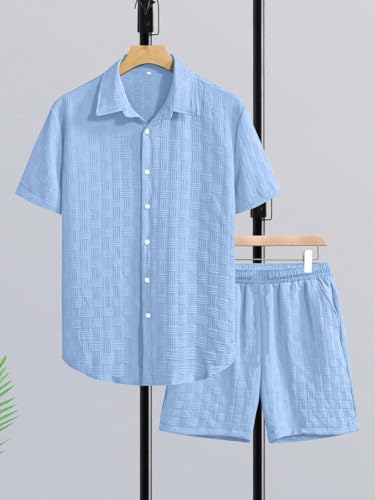 Image of GRECIILOOKS Men'S Summer Casual Two Piece Outfit, Textured Button Down Shirt and Shorts Set, Lightweight Poly Blend Co-Ord for Beach, Travel & Lounge Wear