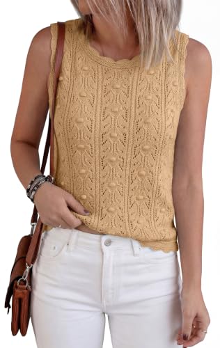 BTFBM Crochet Tank Tops for Women Hollow Out Sleeveless Loose Sweater Vest Top Summer Spring 2026 Beach Vacation Clothes(Khaki, XX-Large) — view 5