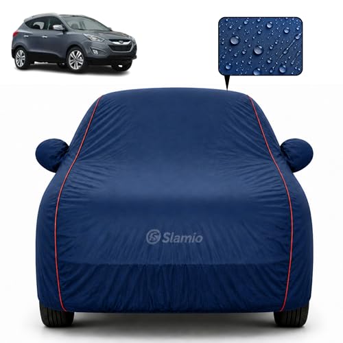 Image of Premium 100% Waterproof Car Cover for Hyundai's Tucson 2005-2015 Models All-Weather, UV & Dust Protection | Heavy-Duty 3-Layer Fabric | Custom Fit with Mirror & Antenna Pockets | Navy Blue