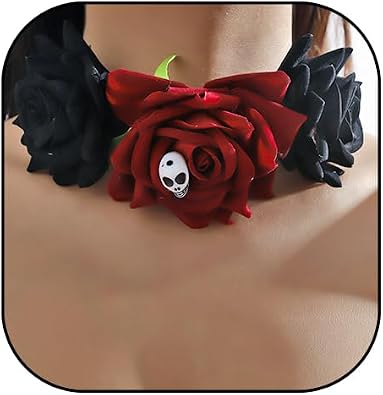 Punk Rose Flowers Leather Choker Necklace for Women Goth Skull Rose Floral Necklace Darkness Flower Spider Web Collar Necklace Halloween Party Jewelry