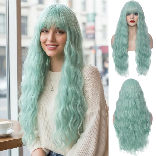 WGPFWIG Women's Bangs Mint Green Wig 27 Inches Long Curly Wavy Hair Wig Heat Resistant Fibers Synthetic Wig For Women Girl Cosplay Party Halloween Wig Cap Included (Bangs Mint Green)