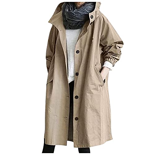 Womens Winter Coats Oversized Casual Jackets Long Hood Trench Coat Fashion Long Sleeve Button Windbreaker Windproof Cardigan Outerwear With Pockets Plus Size Overcoat(Khaki,5X-Large) #TOP1