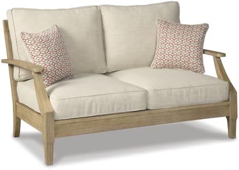 Signature Design by Ashley Clare View Eucalyptus Wood Outdoor Loveseat, Patio Couch with Nuvella Cushions, 56" W x 35" D x 32" H, Beige