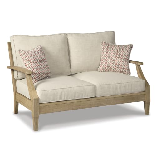 Signature Design by Ashley Clare View Coastal Outdoor Loveseat, Cushioned with Nuvella Fabric, Protective Finish, Eucalyptus Wood, 55.5" W x 35" D x 32" H, Beige