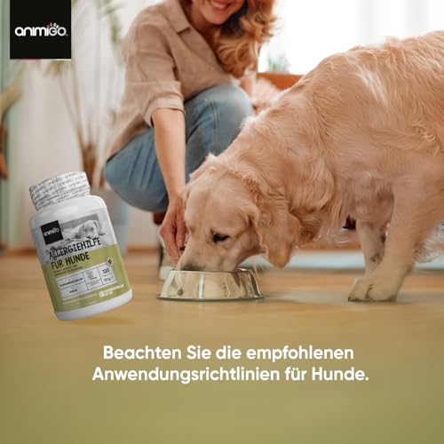 animigo Allergiehilfe für Hunde - 120 Allergie Tabletten für Haut-, Umwelt- & Nahrungsmittelallergien - Mit Kurkuma, Flohsamenschalen, Leinsamen, Traubenkernextrakt, Kürbiskern, Mit Huhn Geschmack
