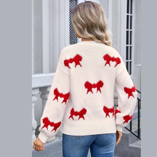 Image of Women Cute Bow Knit Sweater Y2k Long Sleeve Crew Neck Knitted Pullover Top Oversized Going Out Fall Winter Knitwear