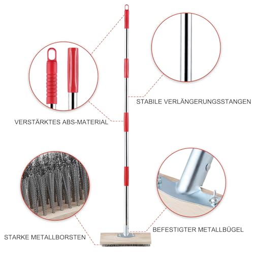 Mitclear Stahldrahtbesen mit Teleskopstiel(145cm), Straßenbesen zum Entfernen von Unkraut, Moos, Algen und Hartnäckigen Flecken, Robuste Drahtbesen Metallbesen für Terrasse, Deck, Garten