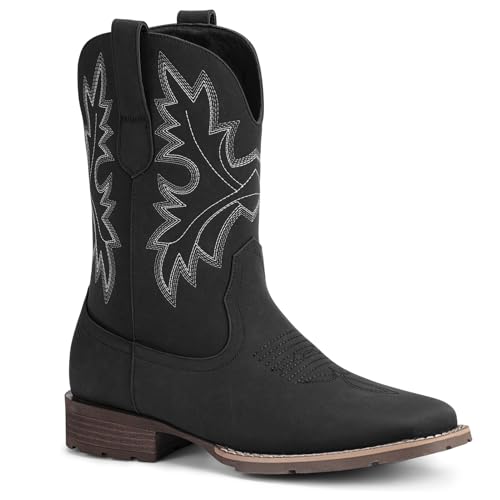 Lumeheel Cowboy Boots for Men - Western Square Toe Men's Sude Black Boots with White Classic...