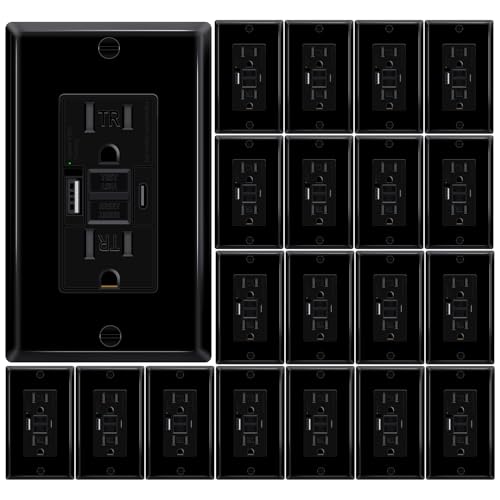 20 Pack Black 15A GFCI Outlet with USB Ports(Type A &amp; C, 4.8A/24W Total Output), GFI Electrical Outlet with 2 USB Charging Ports- Self-Test Tamper-Resistant with LED Indicator, ETL Listed