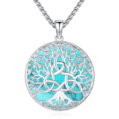 Eusense Celtic Knot Necklace for Women Men 925 Sterling Silver Jewelry Irish Trinity Knot Tree of Life Pendant Gifts for Her Him Birthday Anniversary Lover Female Male Turquoise