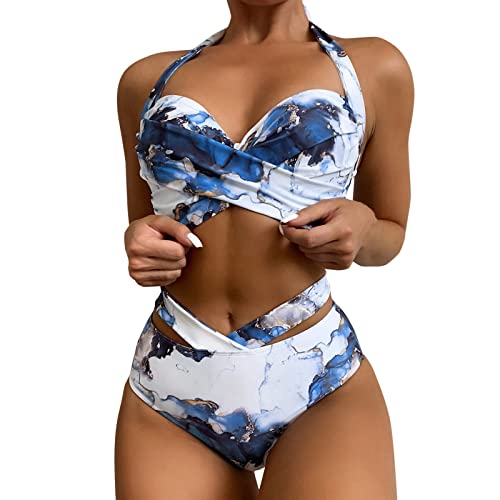 2026 Print High Wrap Front Piece Neckholder Waist Color Badeanzug Women Piece Up Crop Water Tops + Shorts Two Swimwear Two Push Bikini Ruched Halfter Retro Swimwears Tankinis Set (Blue, L)