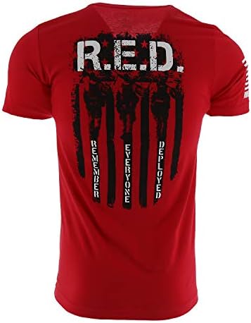 Nine Line Remember Everyone Deployed T-Shirt 2XL - Unisex Patriotic Red T-Shirt - Dropline Logo and American Flag on Sleeve