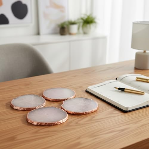 Image of Natural Agate Stone Tea Coasters Set | Premium Stone Coasters for Tea, Coffee & Glass | Heat Resistant Coasters for Dining Table, Office Desk & Home Decor | Pack of 4 | Color -White