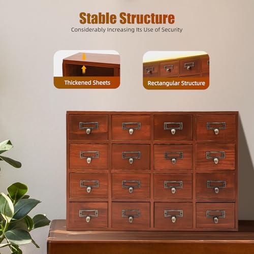SODONAD Wooden Apothecary Cabinet with 16 Drawers Vintage Tabletop Apothecary Chests, Card Catalog Desk Drawer Organizer for Home, Office, Bedroom, Store, Library, Label Frames, Brown