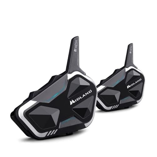 Midland - Interfono Moto Bluetooth + Mesh R1 Mesh Doppio, Auricolari Casco Moto Waterproof Ipx6, Portata 500M, 23H, Audio Rcf, Stereo Background, Comp
