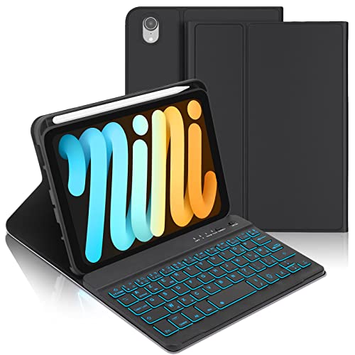 FOGARI Étui Clavier pour iPad Mini 6 8,3" 2021,Détachable AZERTY Français Clavier Bluetooth sans Fil avec Clavier Rétro-éclairé à 7 Couleurs pour iPad Mini 6e génération,avec Porte-Stylo-Noir Cover