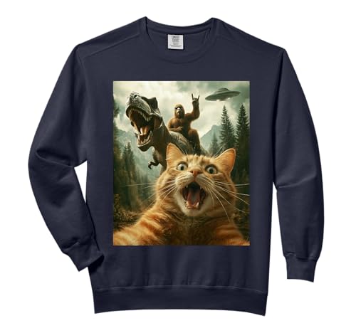Cat Selfie With Bigfoot Riding T-Rex Dinosaur Flying UFO Comfort Colors Adult Sweatshirt